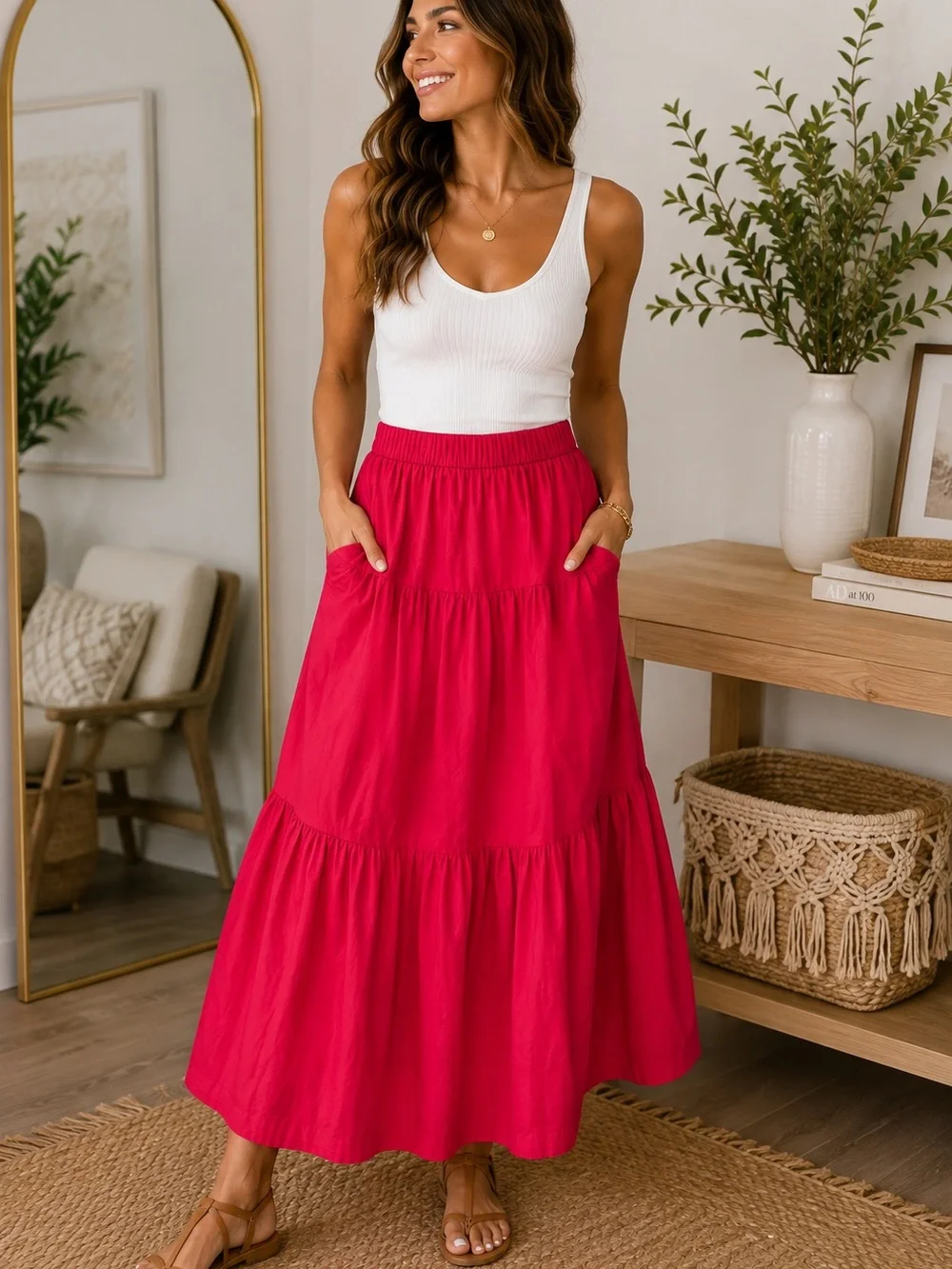 Abercrombie & Fitch Pink Tiered Maxi Skirt Pockets Elastic Waist Large